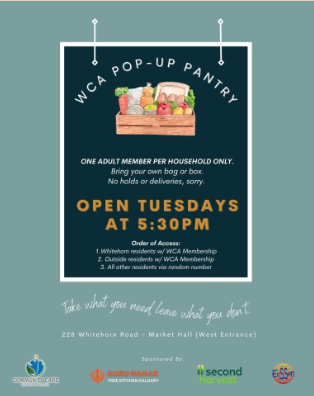WCA Pop-Up Pantry poster: open Tuesdays at 5:30 PM, one adult member per household